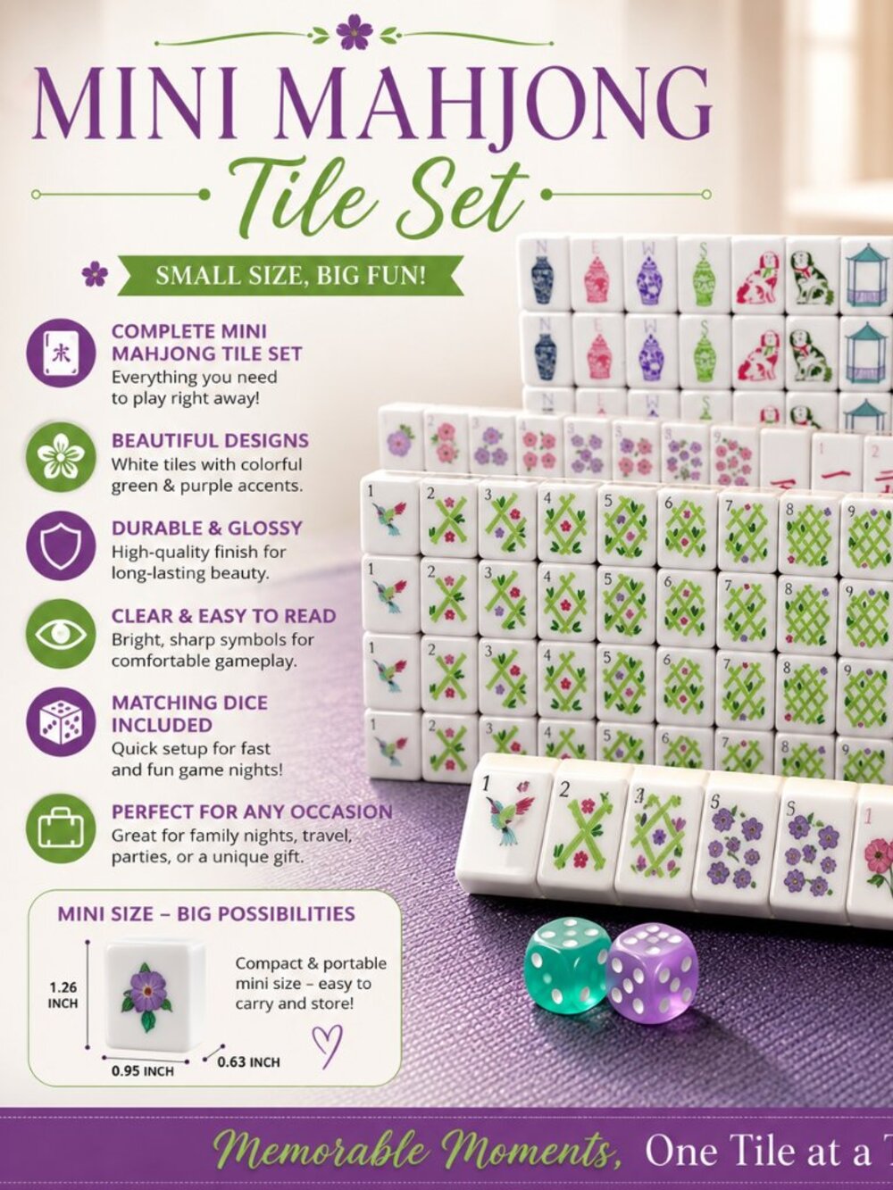 ✨Traditional Mahjong Tile Set in White with Green and Purple Accents Mini Size✨